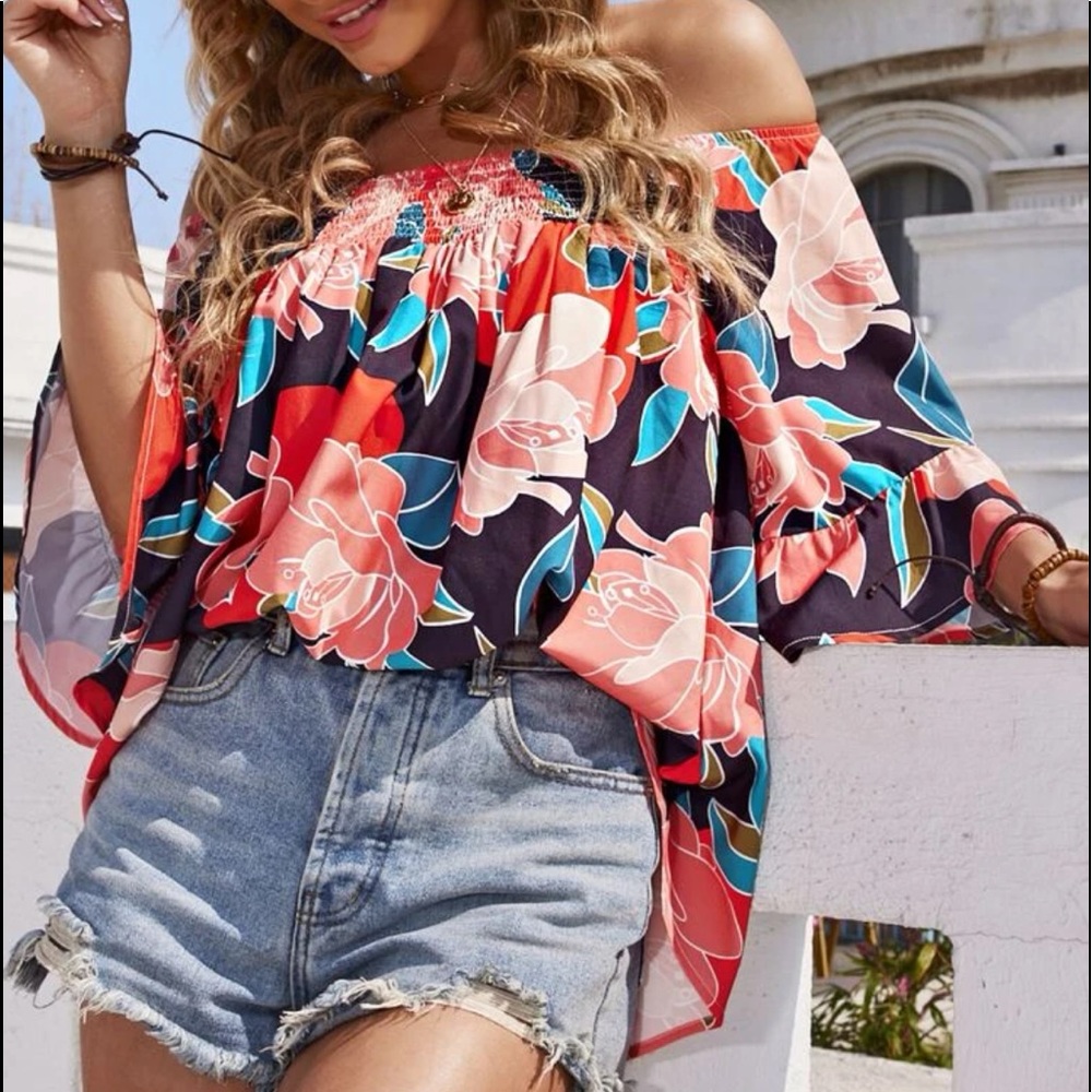 Boho Floral Print Off Shoulder Smocked Shirred Top Blouse - Picture 7 of 8